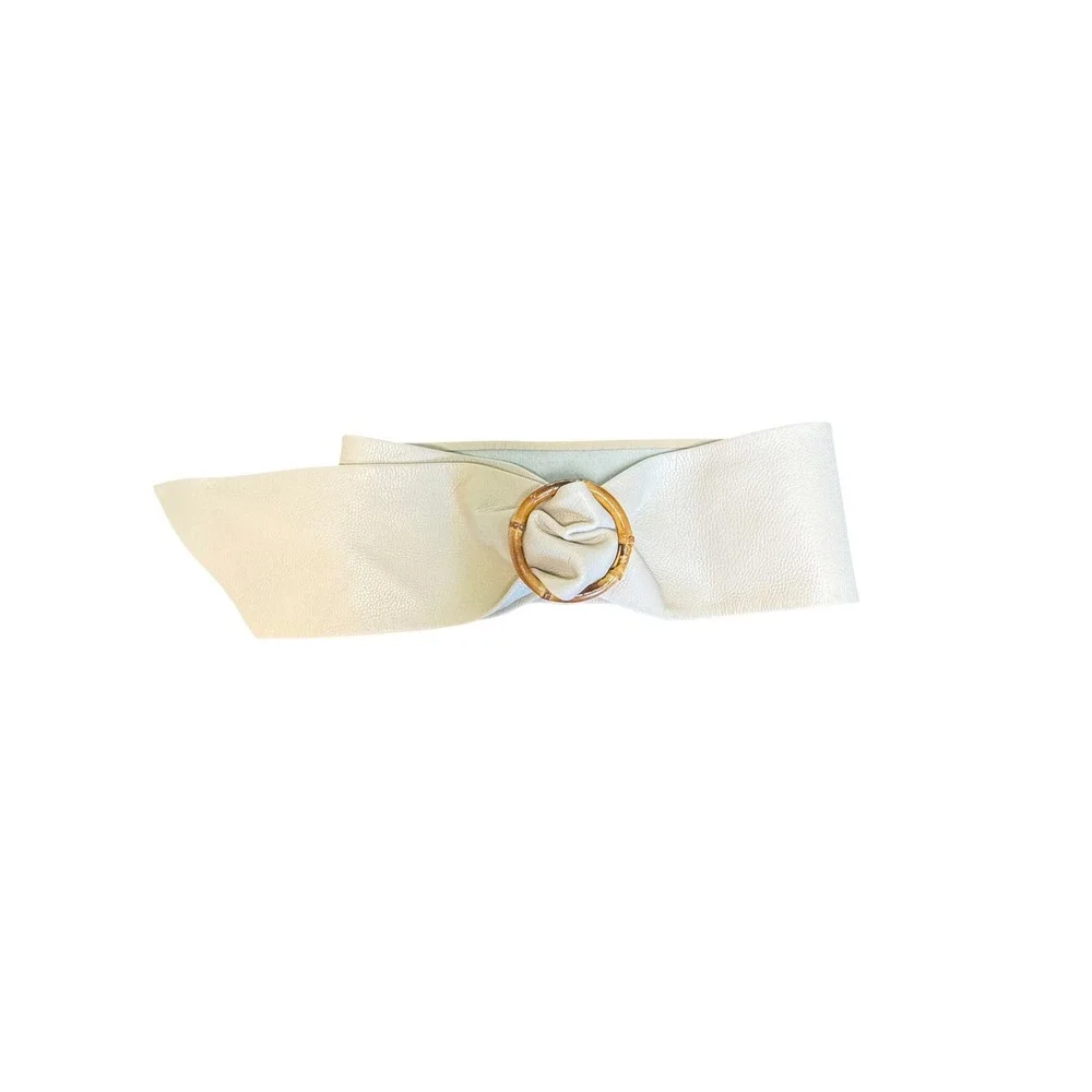 Vintage Ivory Faux Leather Wrap Tie Belt Bamboo Ring Buckle Boho Wide Waist